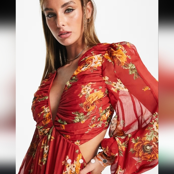 ASOS DESIGN soft pleated bodice maxi dress lace up back red floral print size 6 - Picture 3 of 13